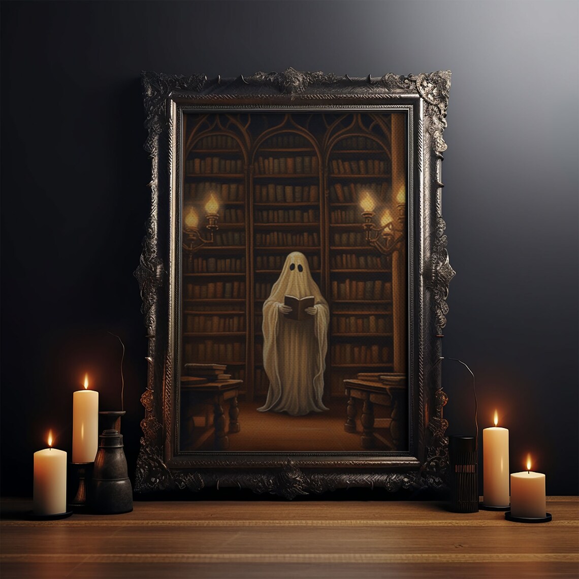 Spooky Bookshop Ghost Halloween Wall Art Print - Image 3