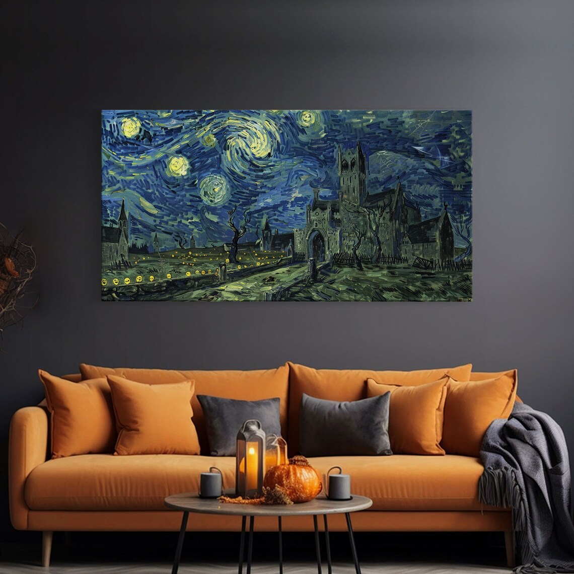 Starry Night Haunted Castle Ruins Swirling Sky Pumpkins Halloween Poster - Image 3