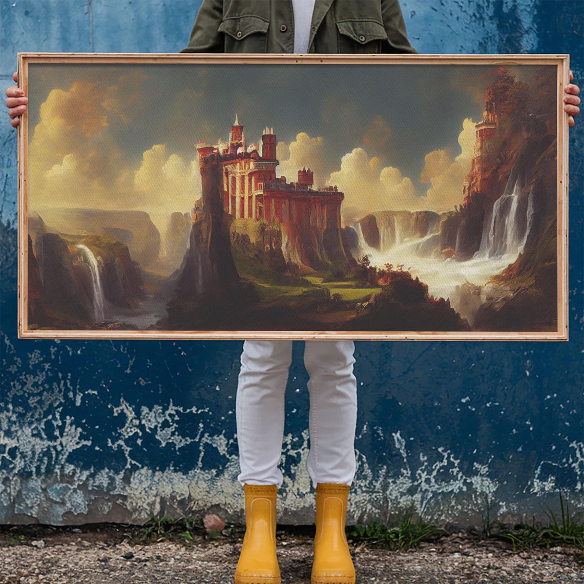 Fantasy Wall Art Print Castle In The Sky Castle Atop Mountains And Waterfalls Watercolor - Image 6