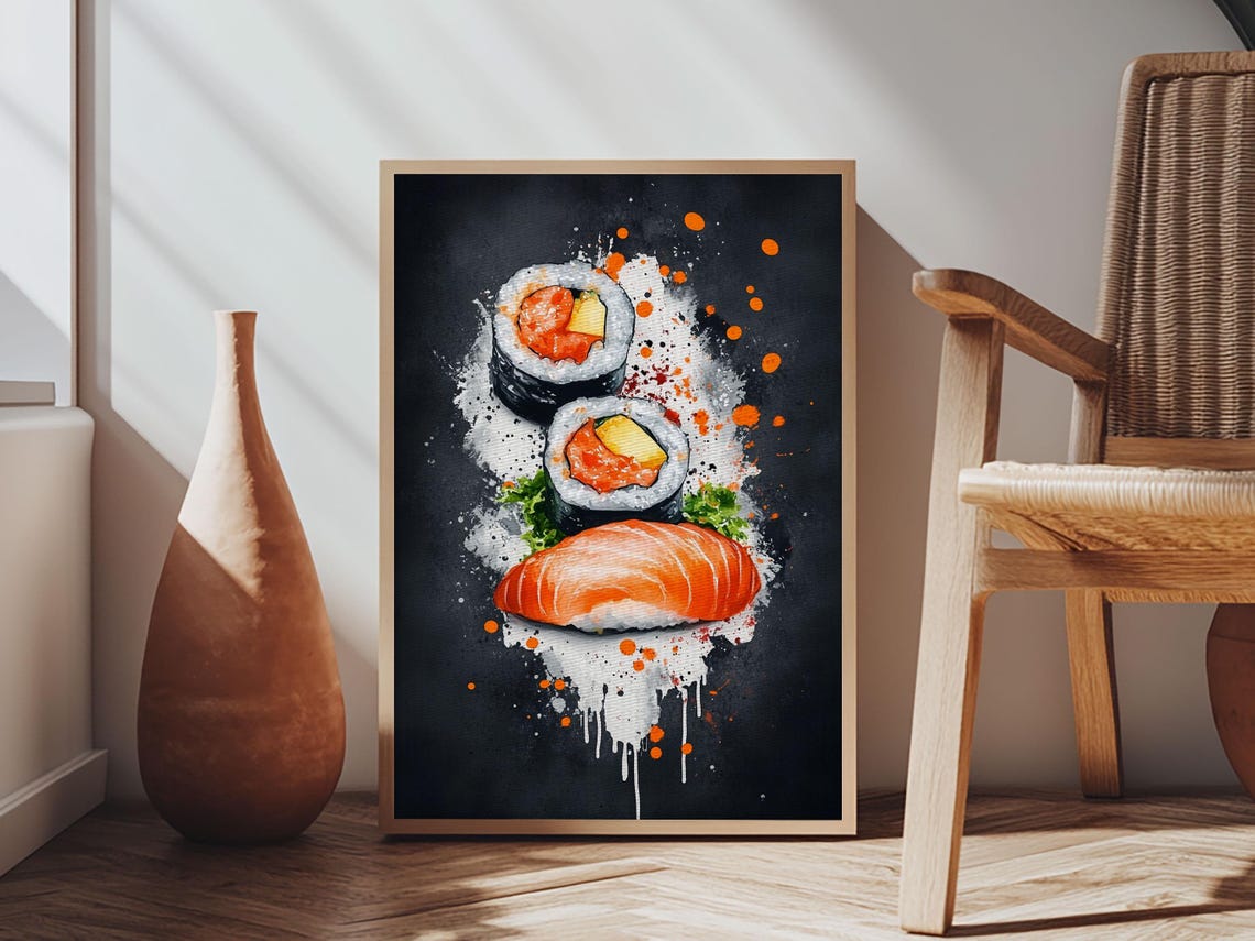 Salmon Sushi Rolls On Black Background Splash Art Kitchen Poster - Image 6