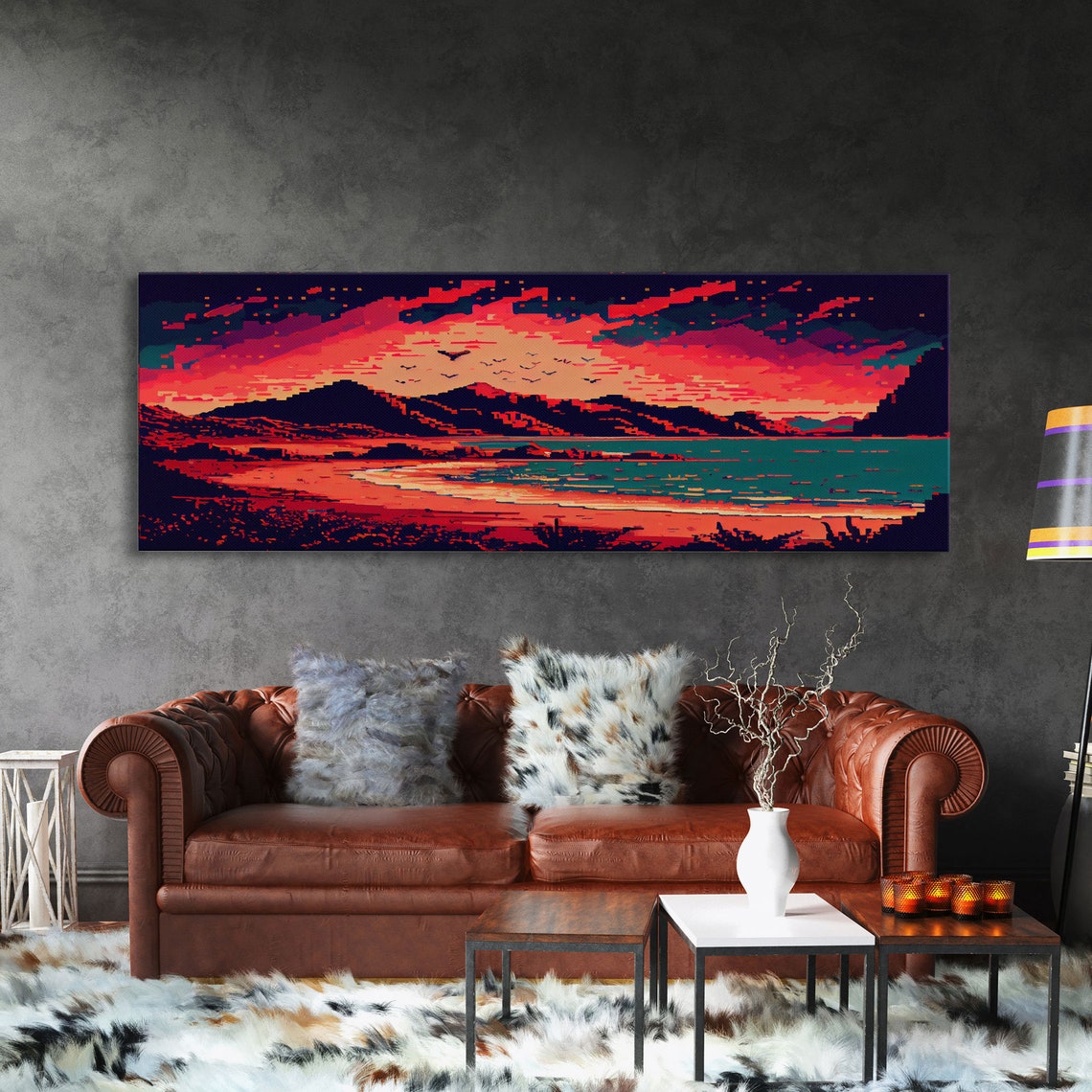 Pixel Art Panoramic Sunset Red Mountains Teal Ocean Retro Game Poster - Image 3