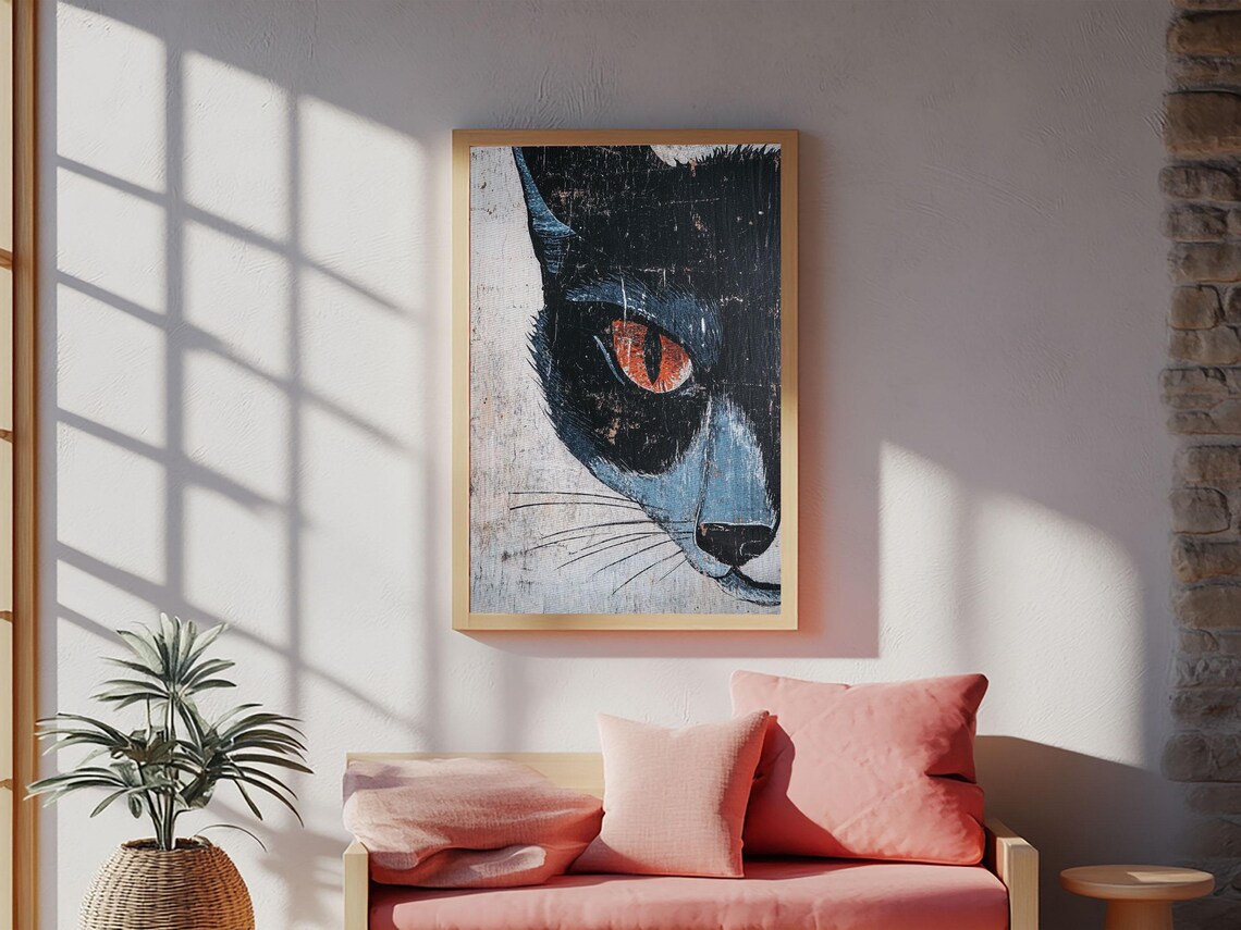 Black Cat Closeup Portrait Orange Eye Vintage Distressed Wabi Sabi Poster - Image 2