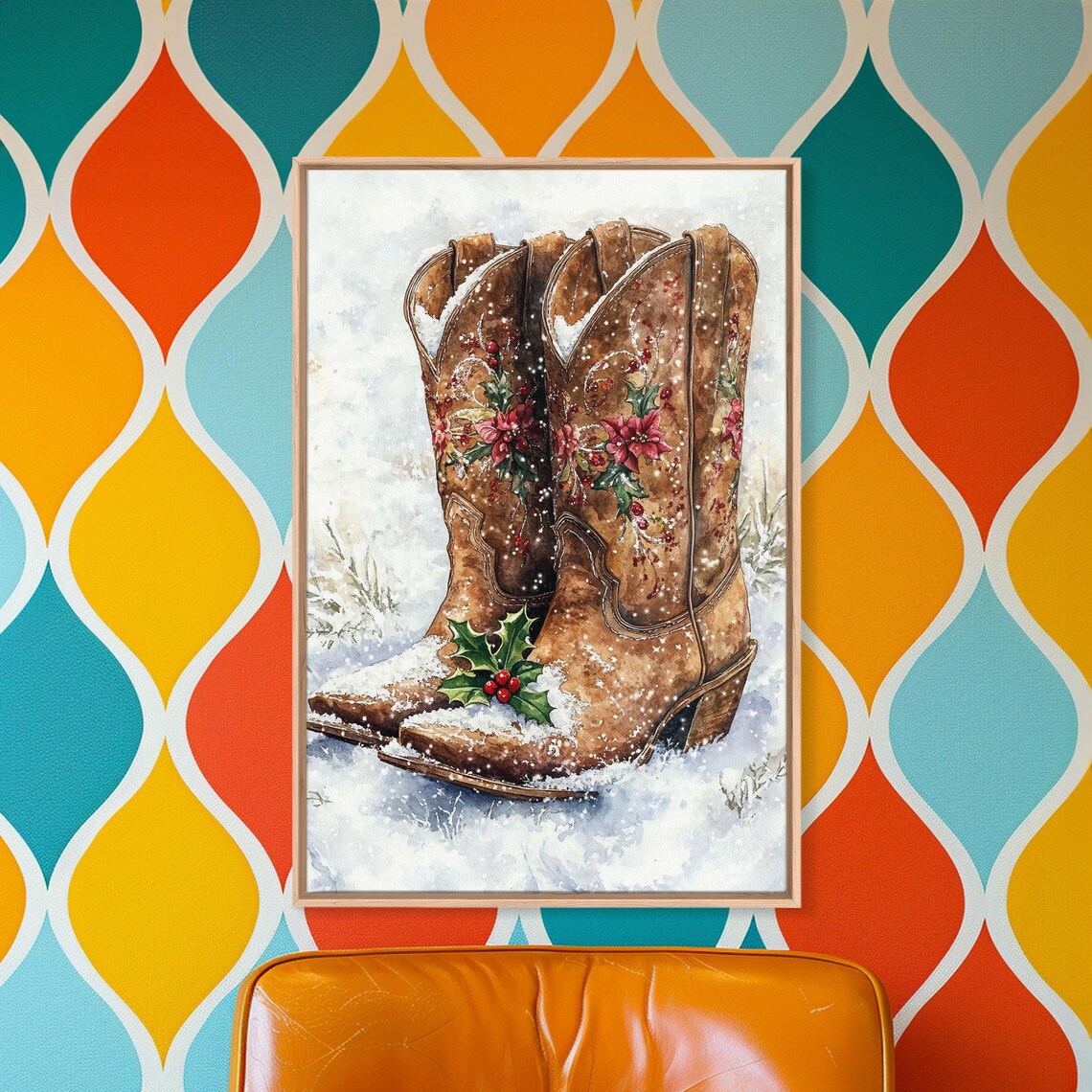 Cowboy Boots With Christmas Poinsettias In Snow Western Holiday Poster - Image 5