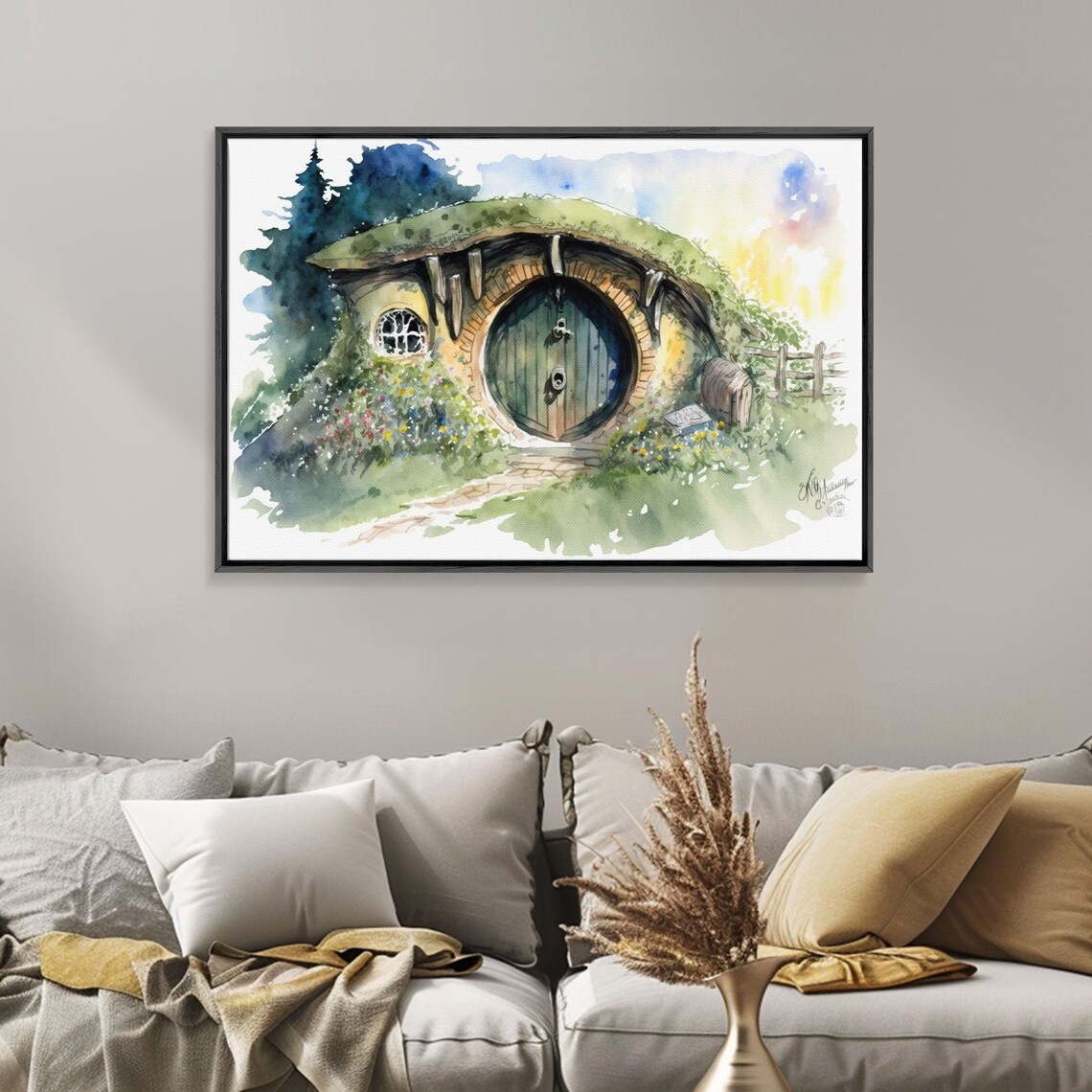 Round Door Hobbit Style Burrow House Watercolor Fantasy Garden Print - Image 4
