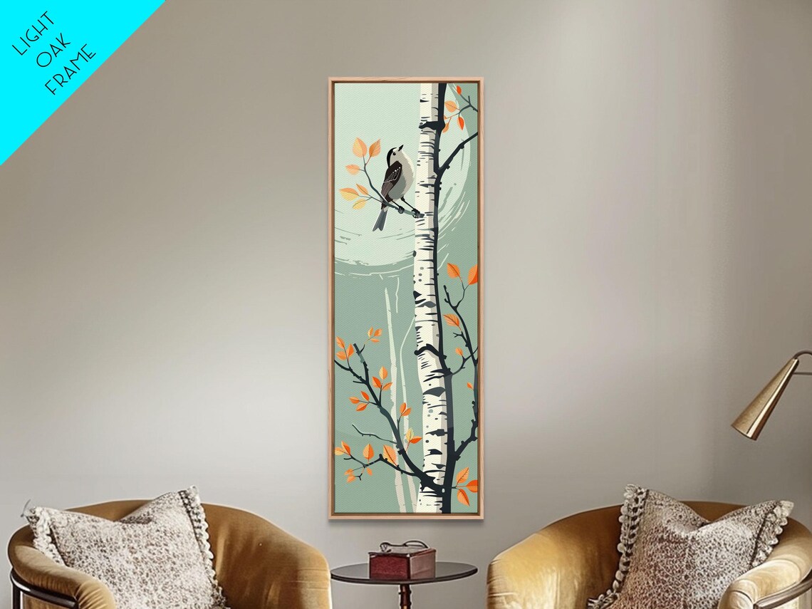 Songbird On Birch Tree Autumn Orange Leaves Vertical Art Print - Image 4