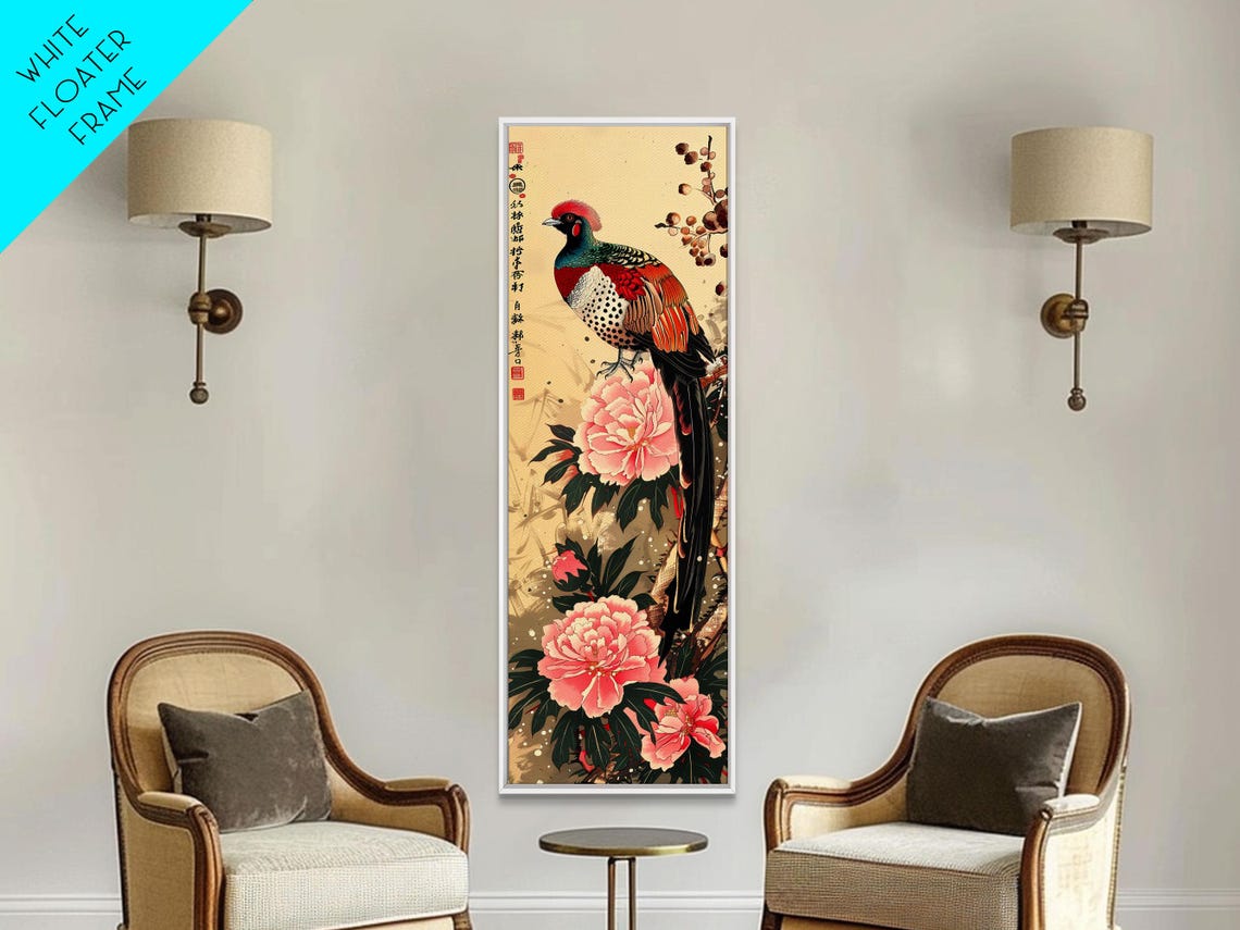 Japanese Ukiyo E Elliot Pheasant Peony Blossoms Vintage Poster