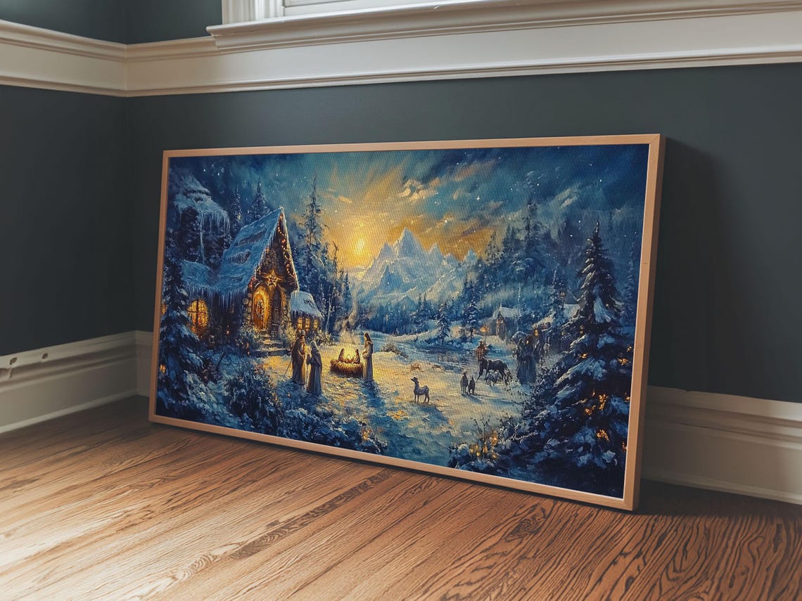 Christmas Nativity Scene Snowy Night Chapel Mountains Starry Art Print - Image 2