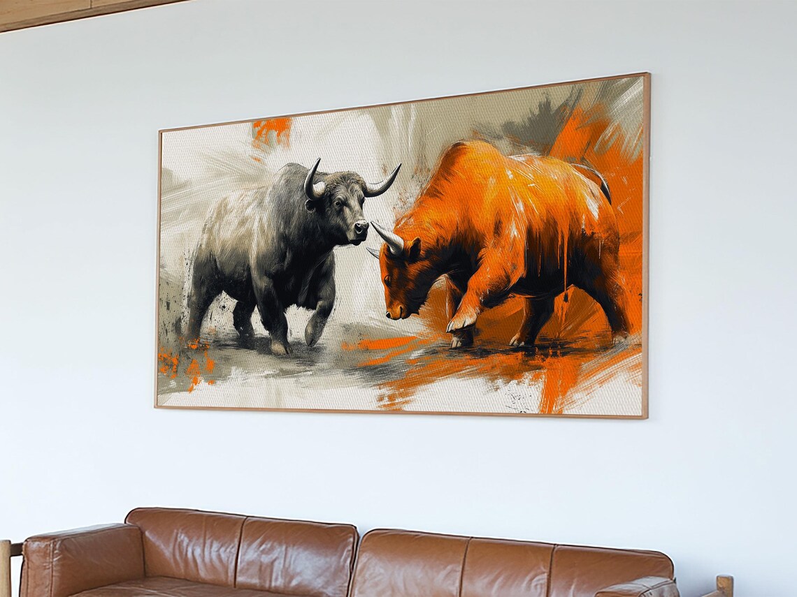 Bull And Bear Financial Market Art Rustic Orange Black Wall Decor Print - Image 5