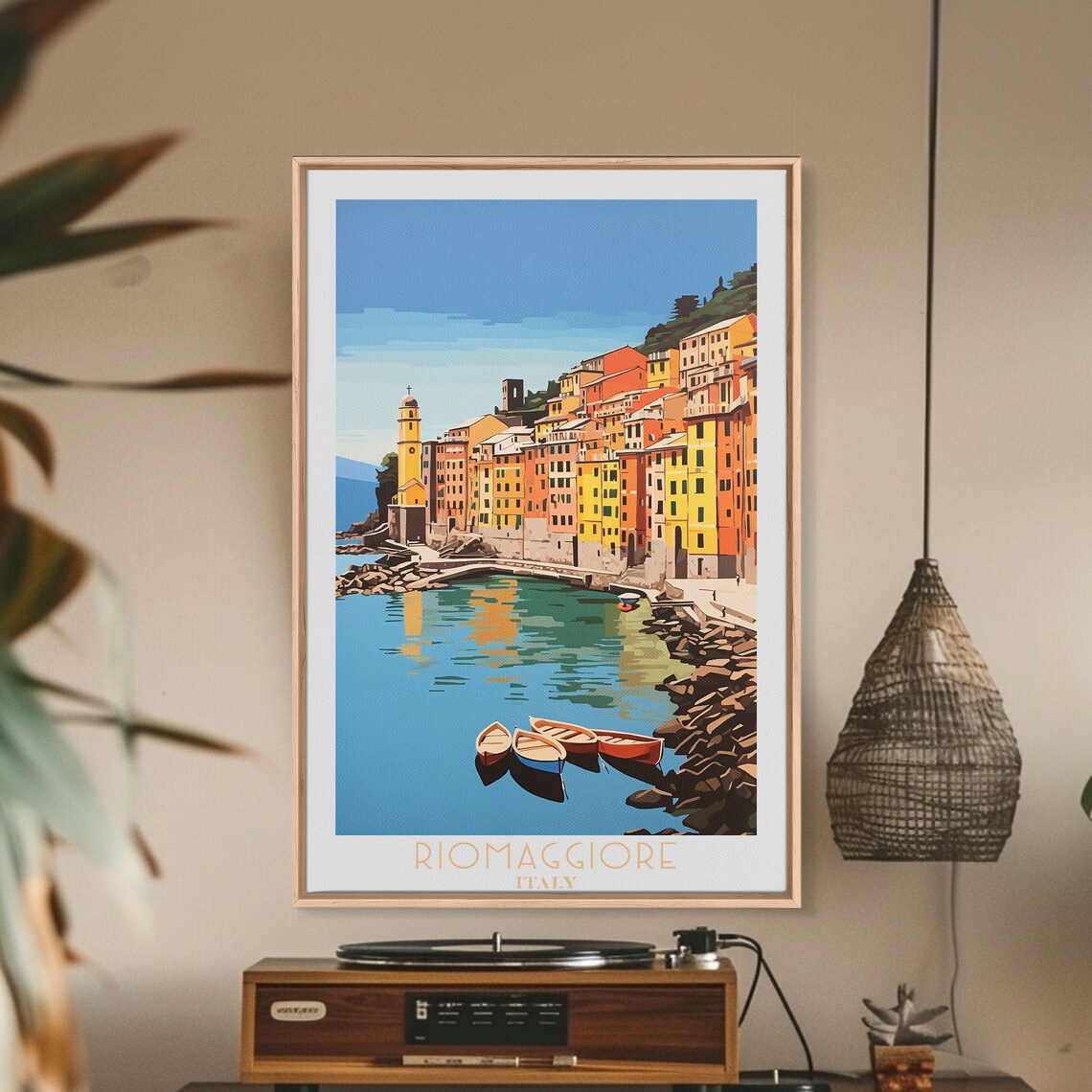 Riomaggiore Italy Colorful Harbor Houses Boats Sea View Travel Poster