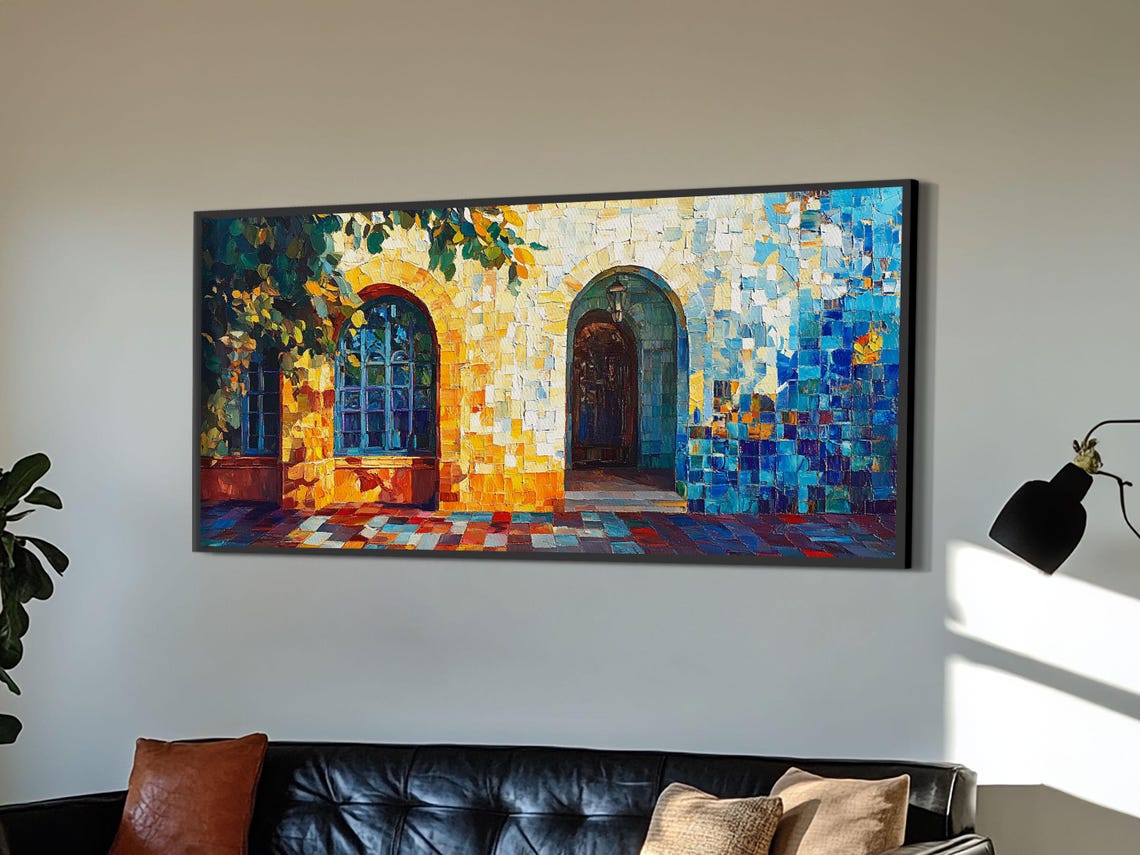 Sunlit Arched Windows Mosaic Blue Gold Mediterranean Tile Art Poster - Image 3