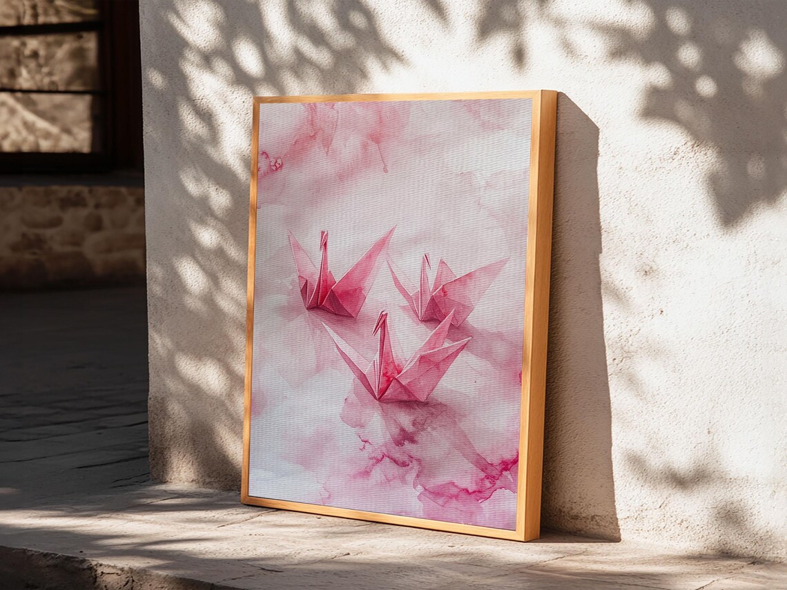 Pink Origami Cranes Watercolor Japanese Paper Birds Minimalist Poster - Image 6