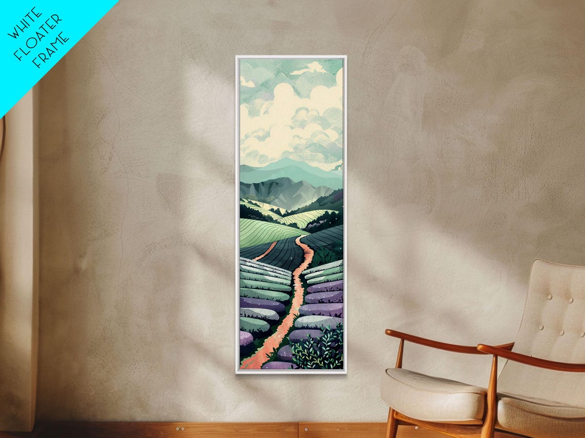 Lavender Field Rows Mountain Path Serene Landscape Art Poster - Image 2