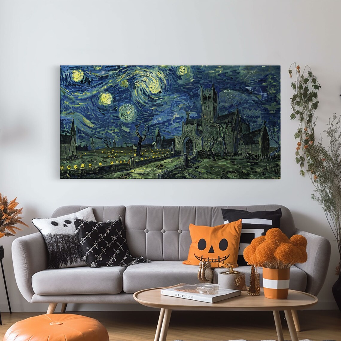Starry Night Haunted Castle Ruins Swirling Sky Pumpkins Halloween Poster - Image 5