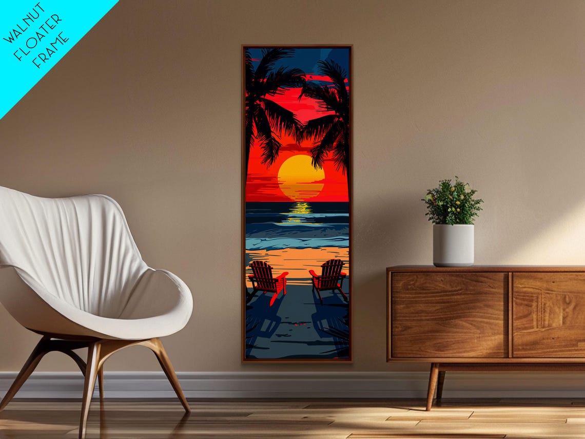 Retro Beach Sunset Chairs Palms Ocean View Midcentury Travel Poster - Image 2