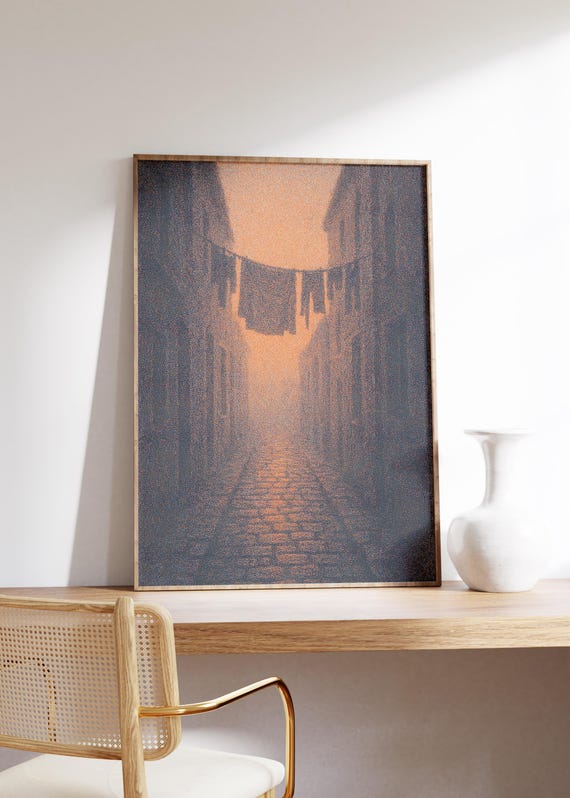 Laundry Alley Wall Art Print Narrow Street Dusk Tones Hanging Clothes European Charm Cozy Mood Urban Nostalgia Rustic Vibe