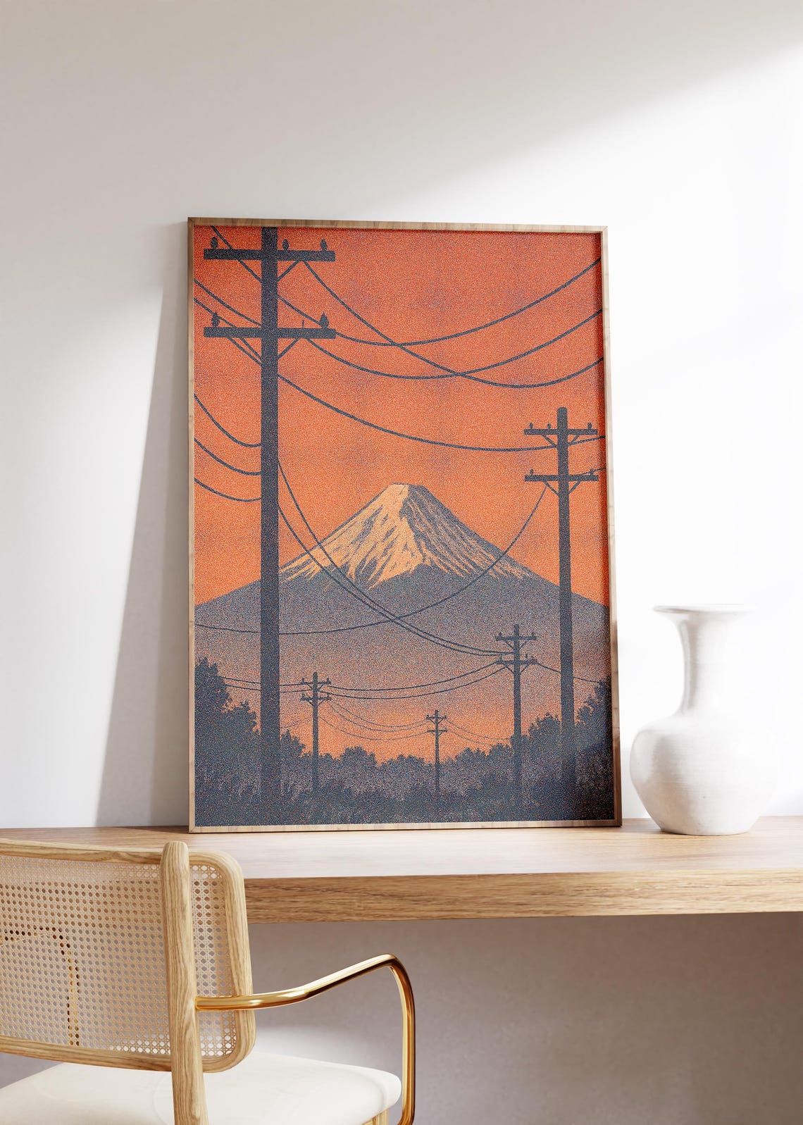 Mount Fuji with Telephone Poles and Wires at Orange Sunset Poster