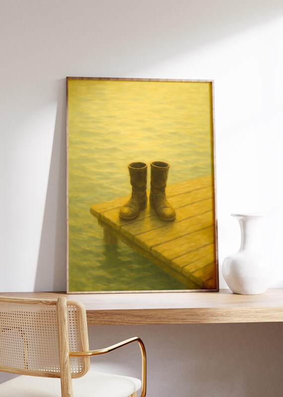 Old Leather Boots On Wooden Dock Over Golden Water Nostalgic Poster