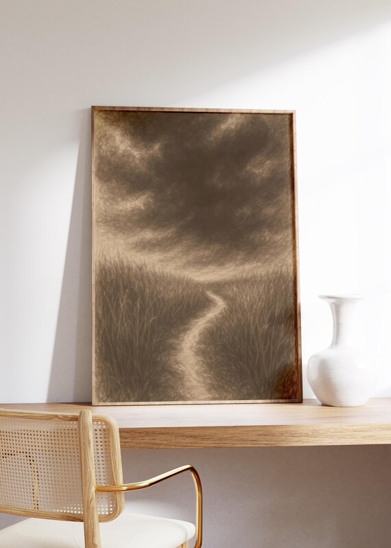 Stormy Path Through Tall Grass Sepia Sketch Moody Nature Poster