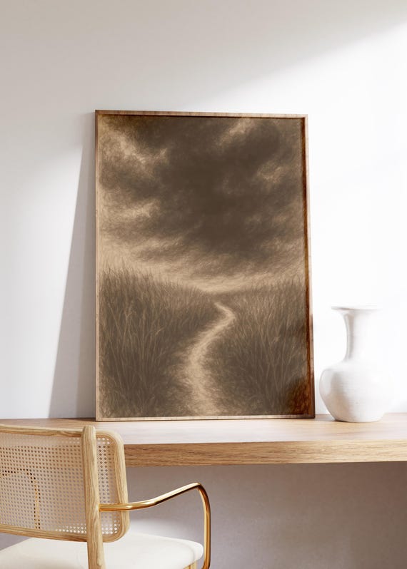 Stormy Path Wall Art Print Sepia Sketch Tall Grass Trail Dark Sky Moody Vibe Rural Scene Pencil Texture Dramatic Nature Decor