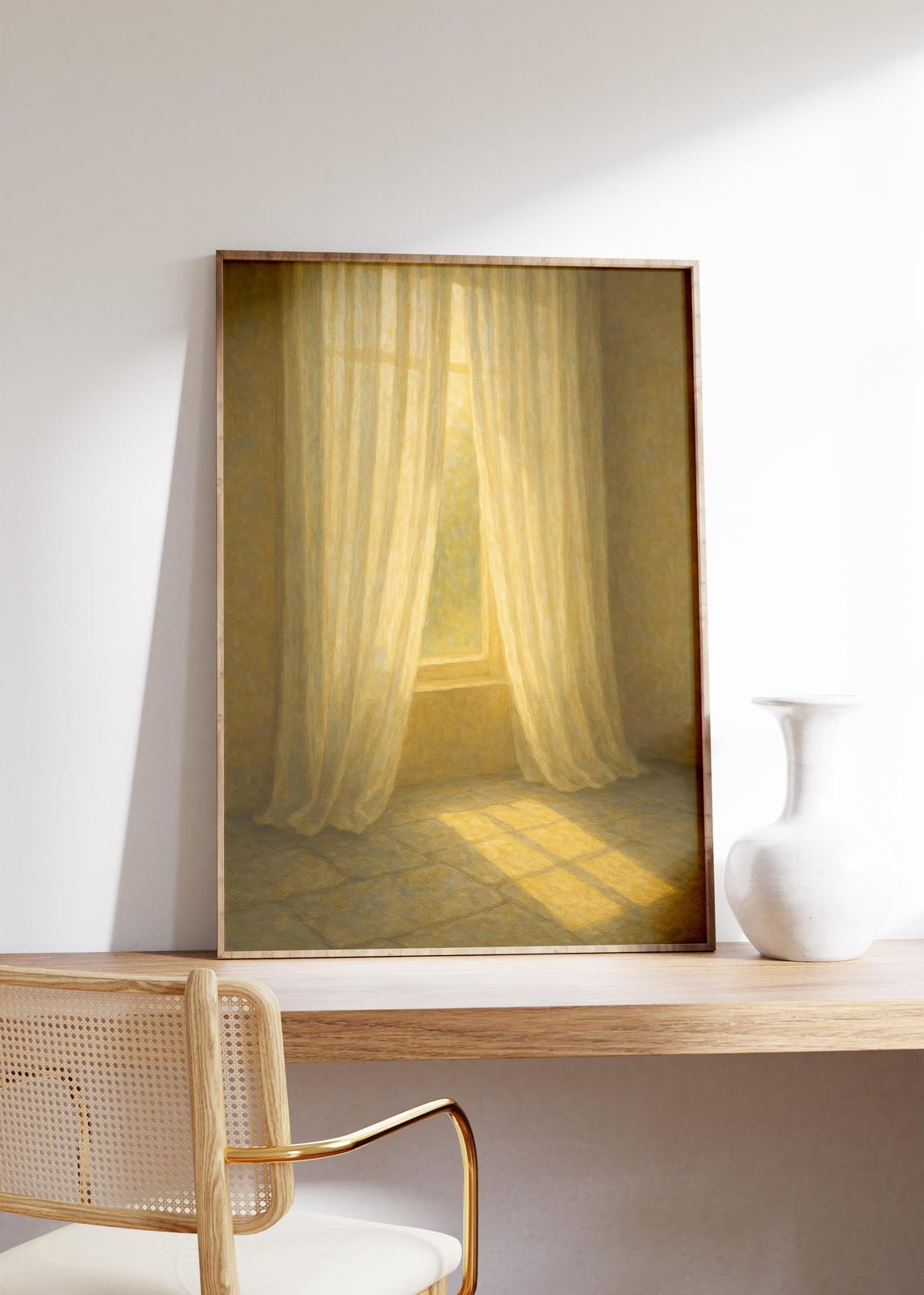 Golden Morning Light Through Sheer Curtains on Sunlit Room Poster