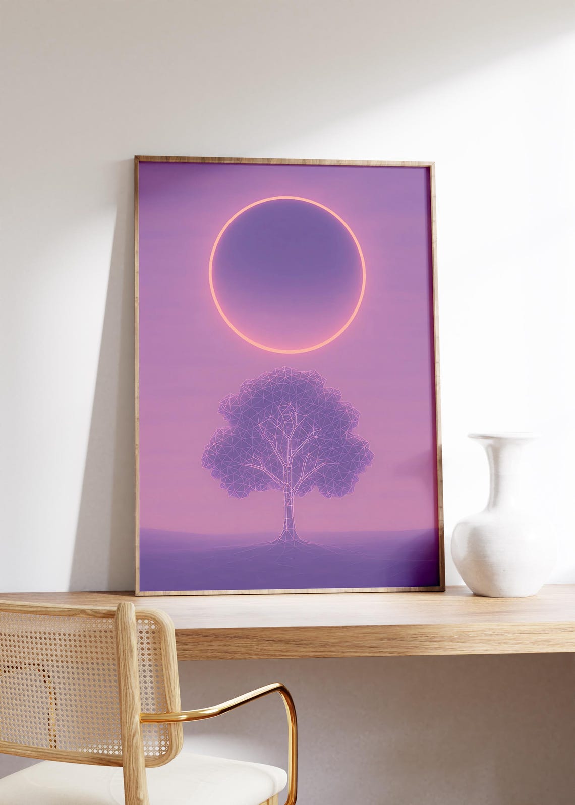 Wireframe Tree Eclipse Wall Art Print Pastel Vaporwave Sky Glowing Surreal Nature Render Landscape Dreamcore Calm