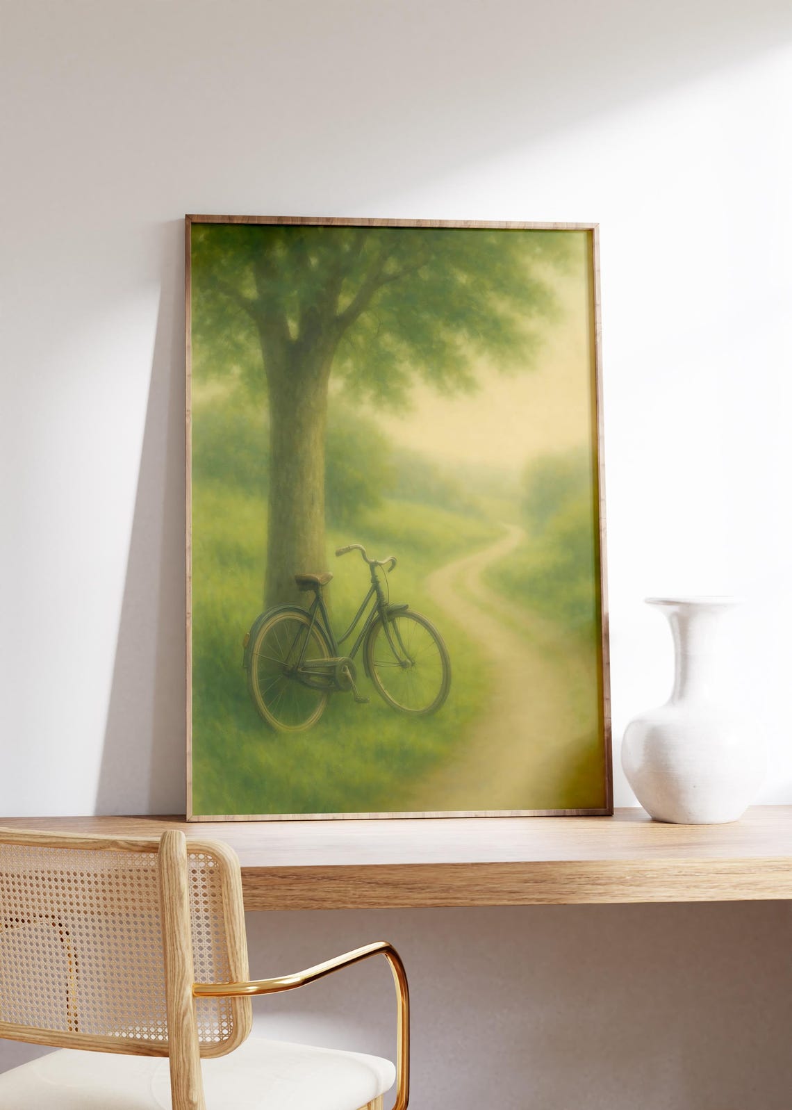 Vintage Bicycle Leaning on Tree Beside Green Country Path Poster