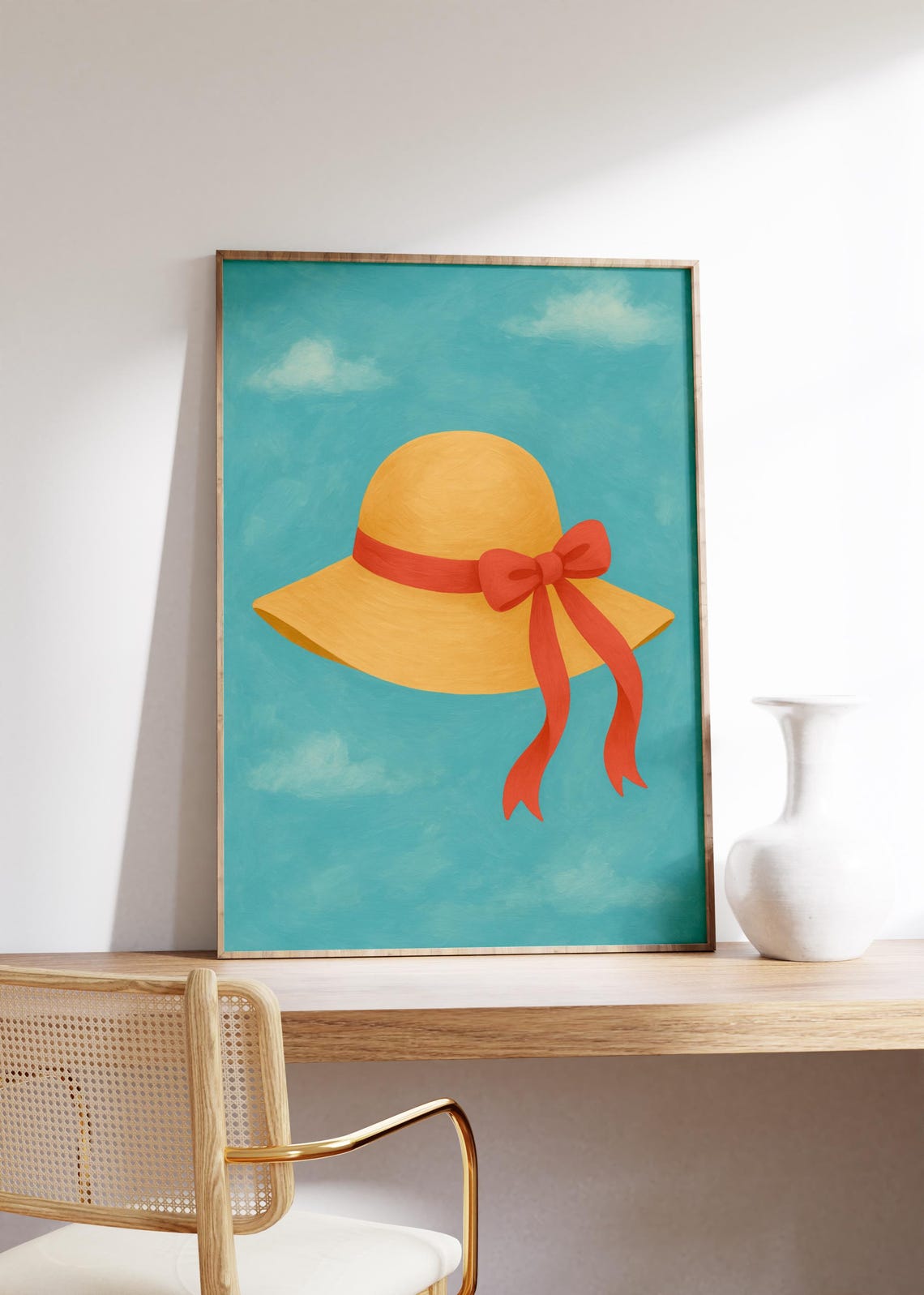 Straw Sunhat With Red Ribbon Bow Against Turquoise Sky Clouds Poster