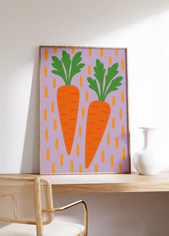 Carrot Wall Art Print Lilac Background Orange Veggie Decor Flat Color Design Playful Kitchen Style Garden Illustration Fresh Accent