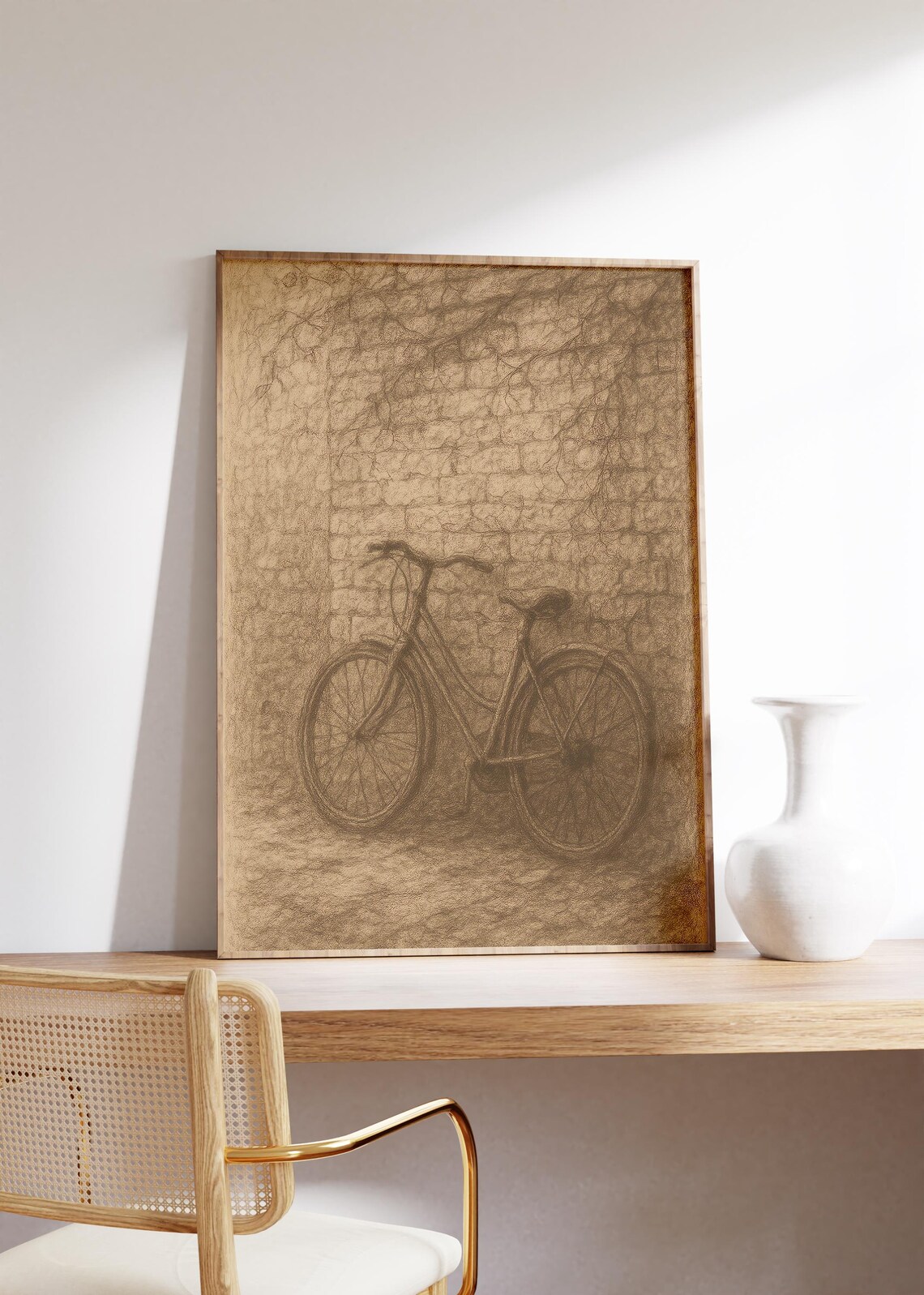 Vintage Bicycle Sepia Sketch Leaning on Ivy Brick Wall Print