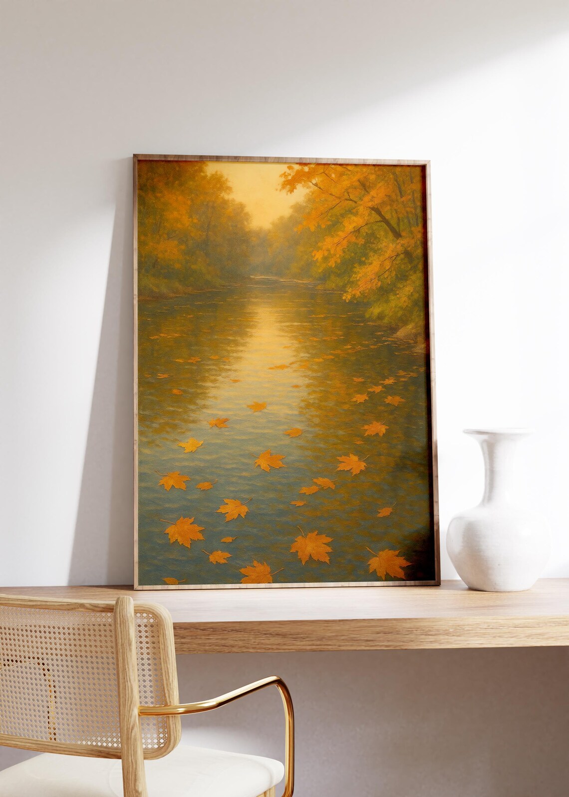 Golden Autumn Leaves Floating on Peaceful Forest River Poster