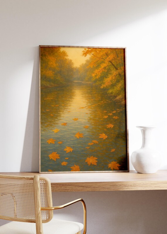 Golden Autumn Leaves Floating on Peaceful Forest River Poster