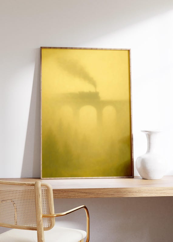 Misty Train Wall Art Print Yellow Fog Vintage Railway Soft Silhouette Steam Engine Dreamy Tone Quiet Journey Bridge In Haze