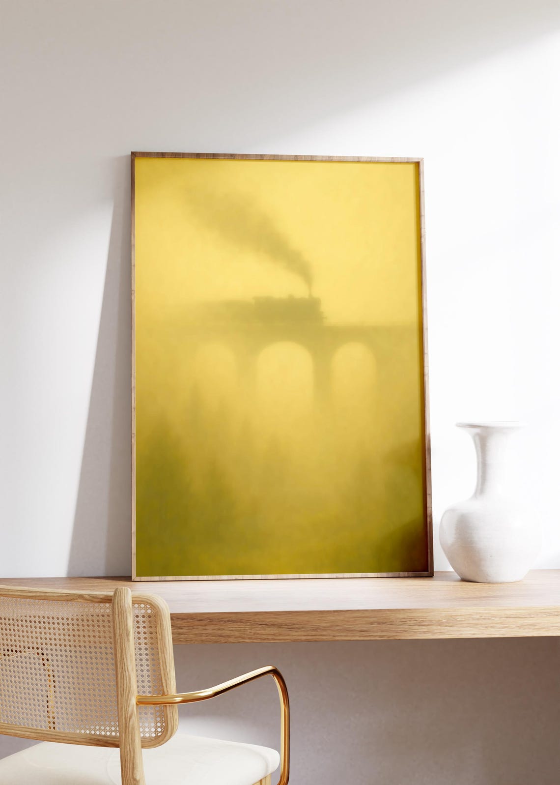 Steam Train On Viaduct In Yellow Mist Vintage Dreamlike Poster