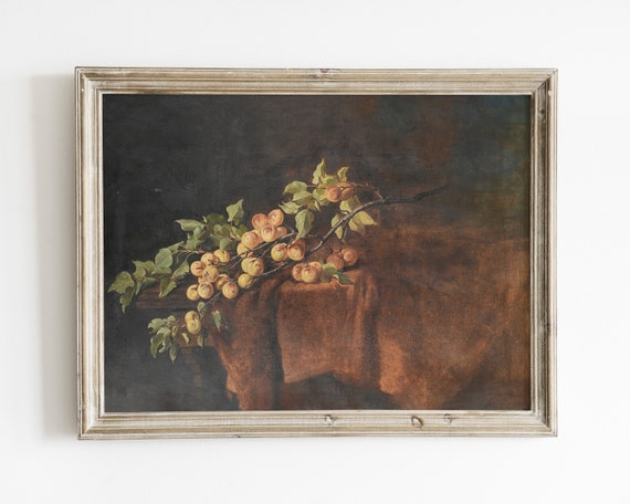 Moody Still Life Painting Apricot Print Rustic Wall Art Vintage Art Fruit Print Botanical Drawing Nature Wall Art Kitchen Wall Art