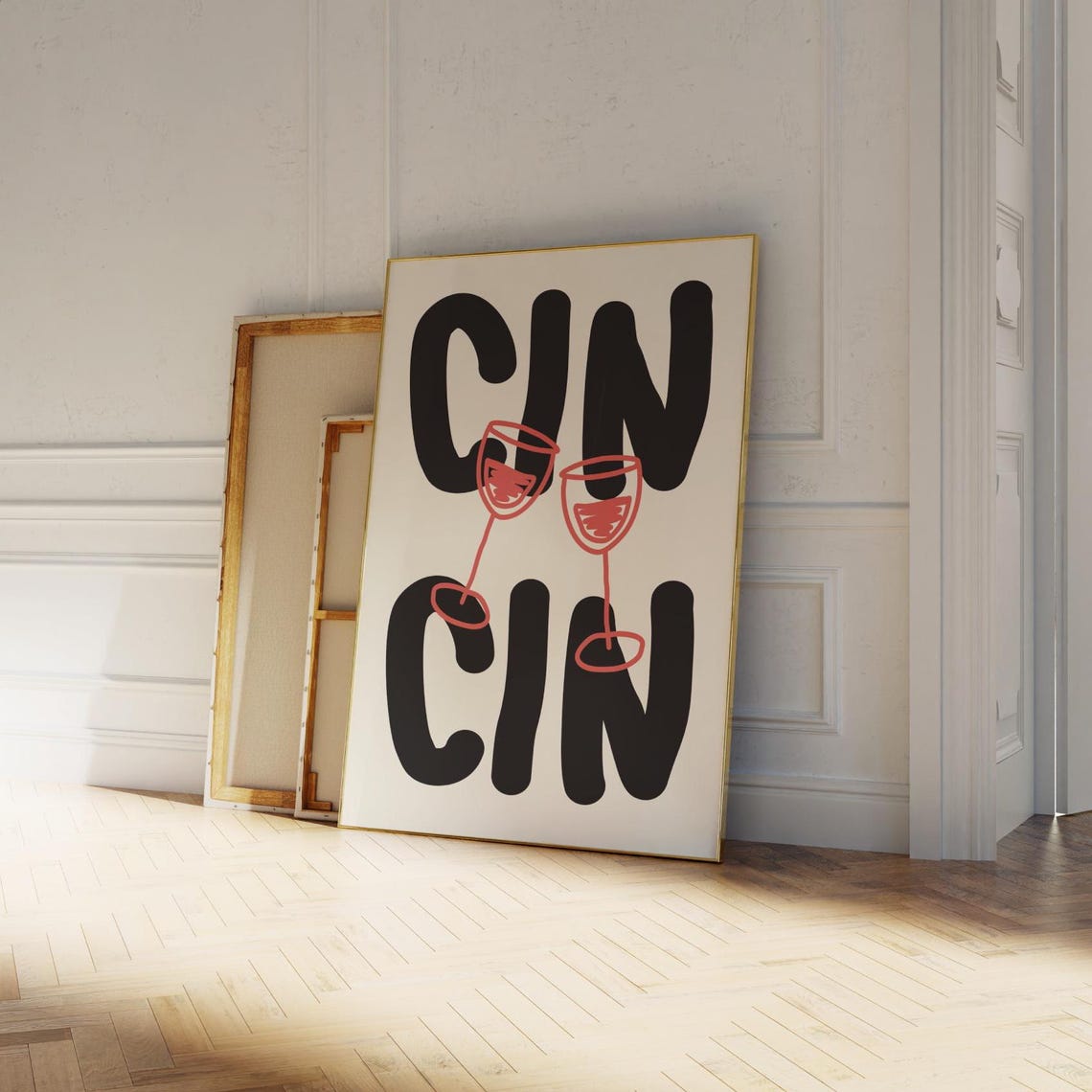 Cin Cin Bold Black Letters Red Wine Glasses Bar Cart Wall Poster - Image 3
