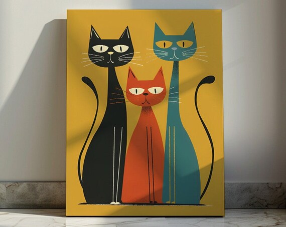 Three Mid Century Modern Style Cats Trio On Yellow Art Poster