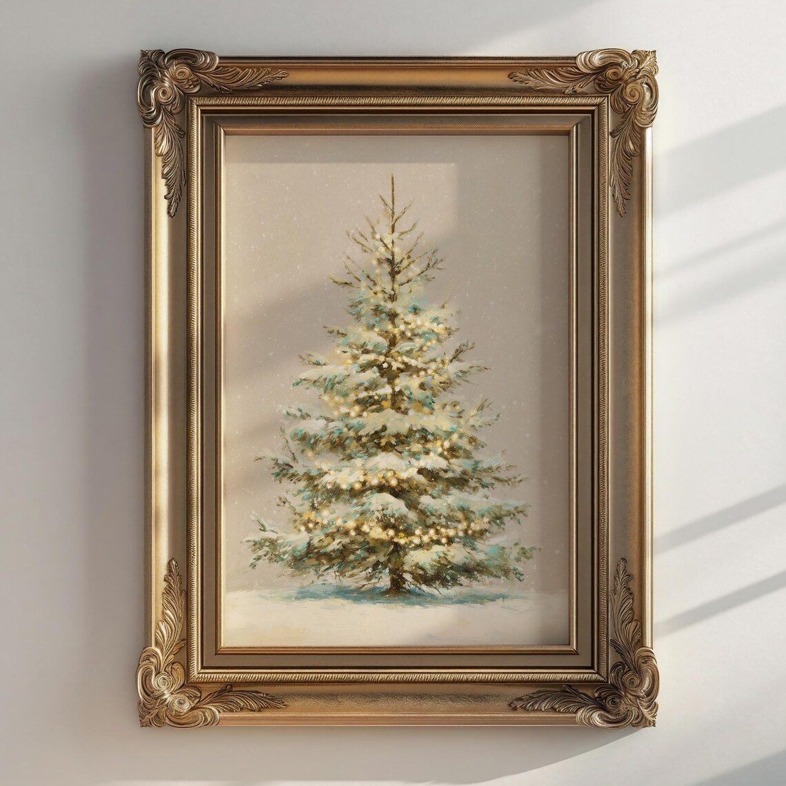 Snowy Christmas Tree With Lights Vintage Gold Winter Art Poster