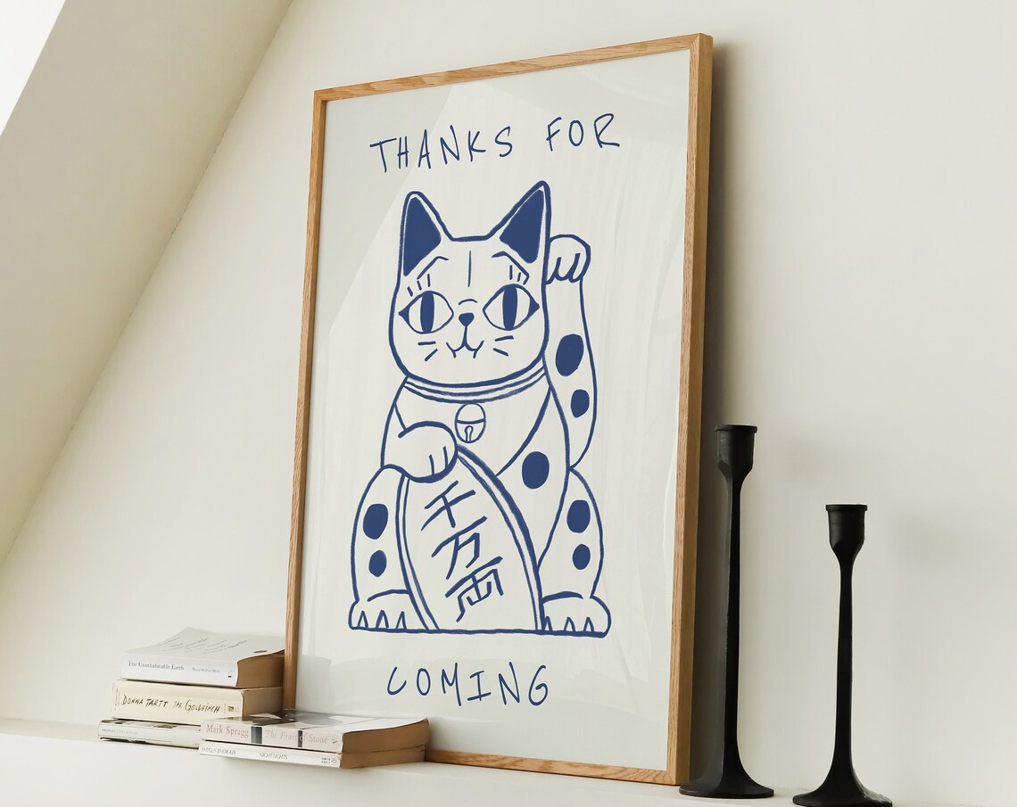 Thanks For Coming Lucky Cat Blue Line Drawing Entryway Poster