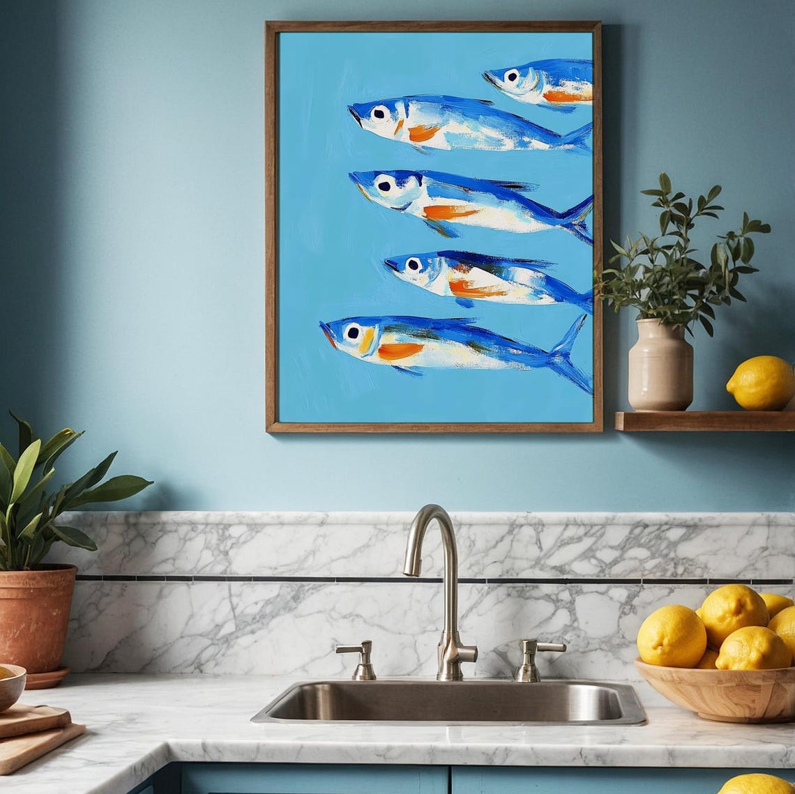 Colorful Sardines School Blue Background Playful Kitchen Art Poster