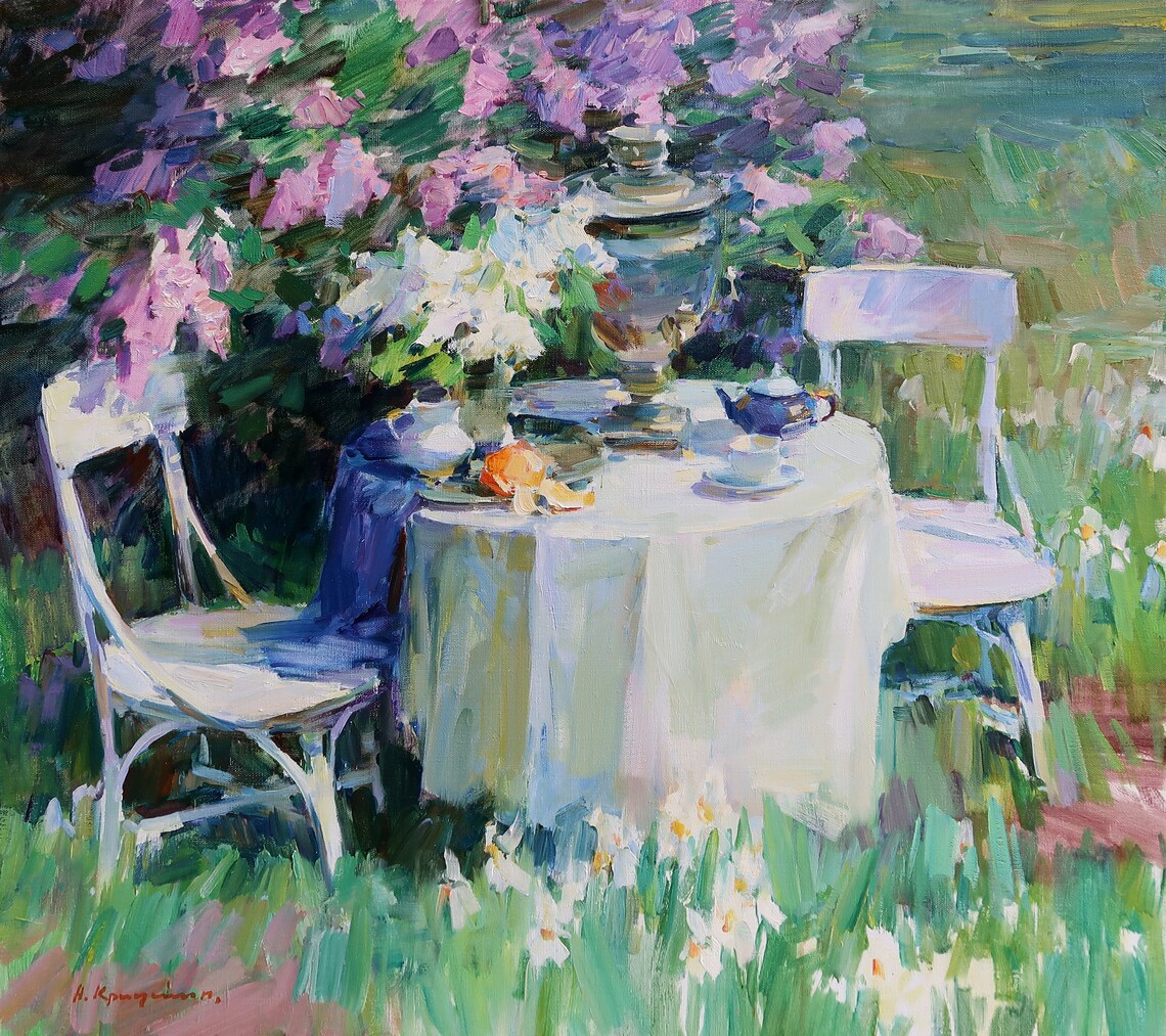 Lilac Garden Still Life, Impressionist Tea Table Art Print - Image 3
