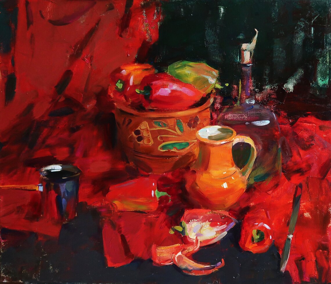 Still Life With Peppers and Pottery, Oil Painting - Image 3