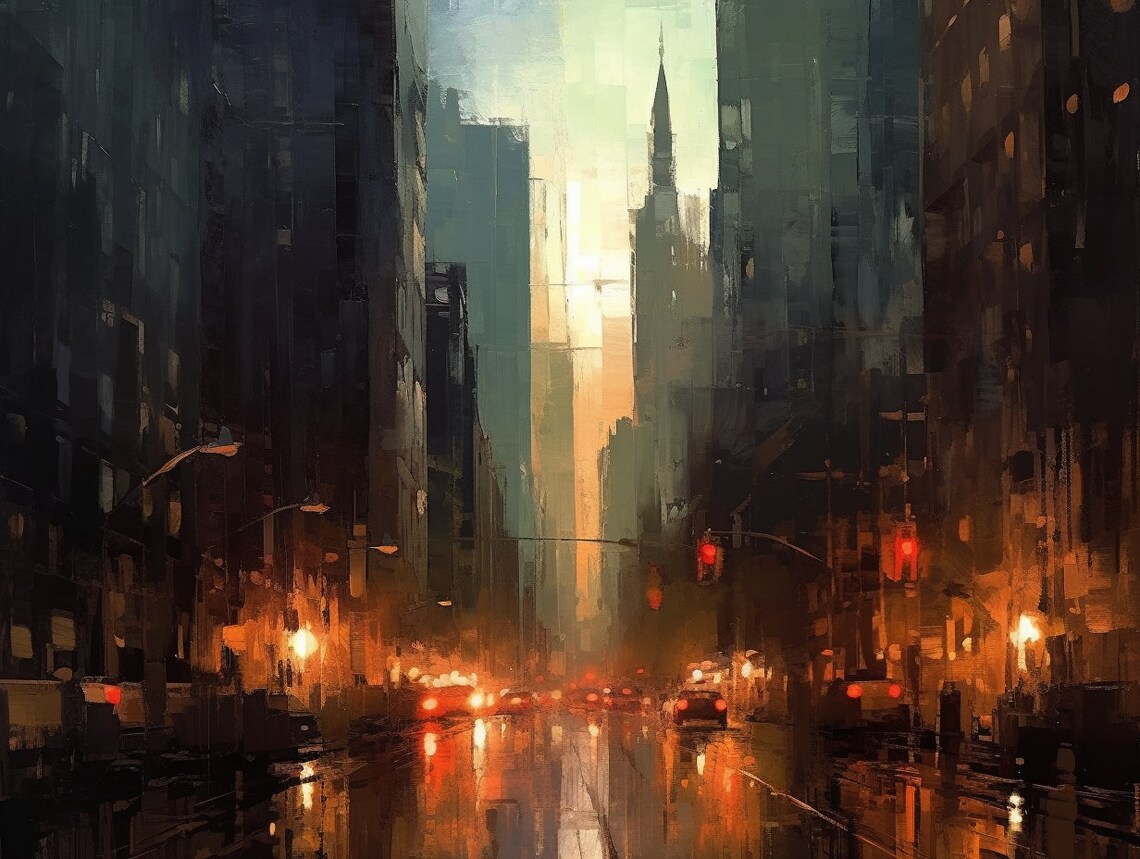 New York Cityscape, Night City Oil Painting