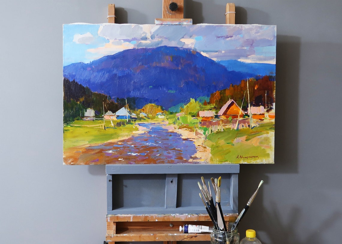 Original Oil Painting On Sunny Day In The Carpathian Mountains - Image 2