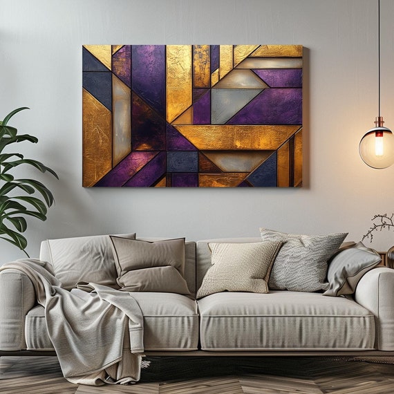 Art Deco 1920s Sleek Purple And Gold Print Bold Statement Vibrant Metallic Look Geometric Colorful Shapes Zig Zags Rustic Art
