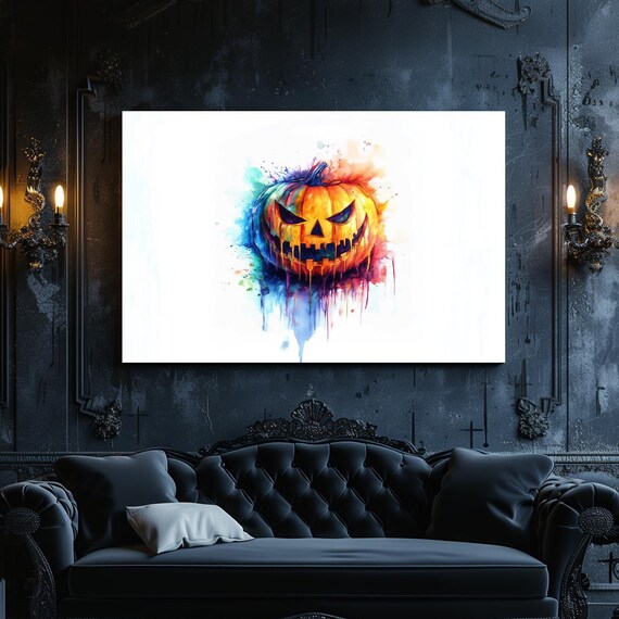 Grinning Jack O Lantern Watercolor Drip Spooky Halloween Poster