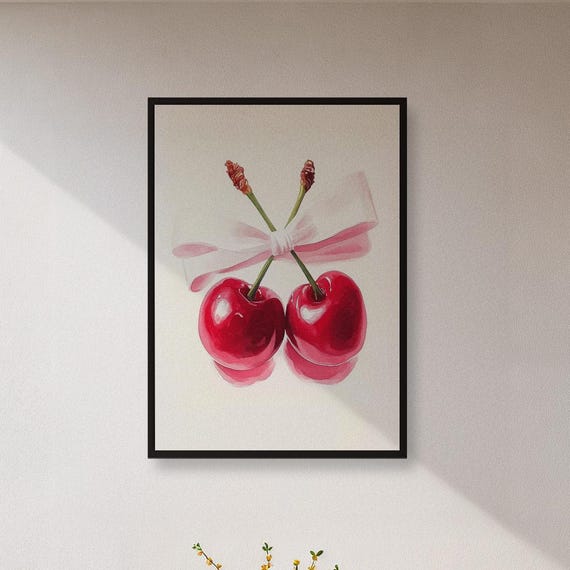 Framed Cherry Wall Art Print With Bow Romantic Red Fruit Kitchen Poster Cute Minimalist Food Illustration Gift For Couples Or Lovers
