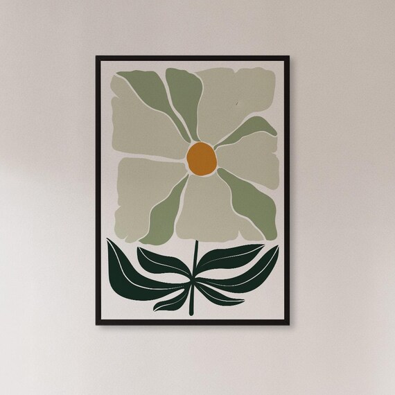 Framed Green Flower Wall Art Print Bold Minimal Botanical Poster With Large Leafy Bloom Modern Nature Decor Gift For Clean Home