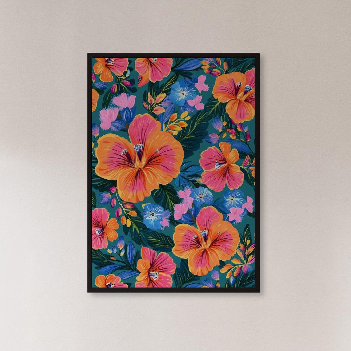Tropical Hibiscus Floral Pattern Vibrant Botanical Art Poster