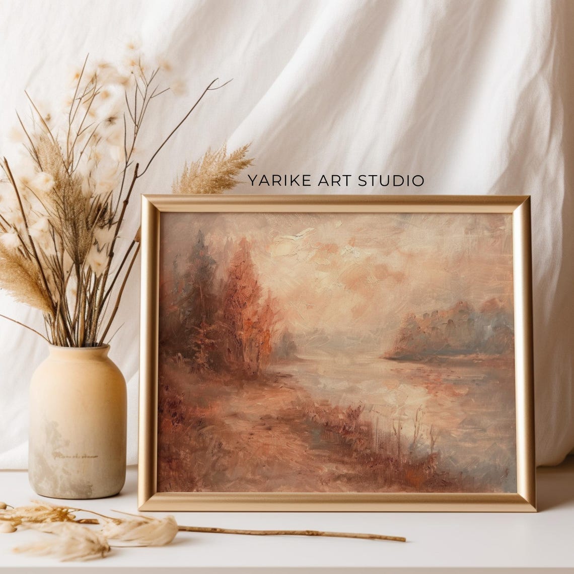Soft Autumn Lake Landscape Muted Pink Peach Tonal Painting Poster - Image 5