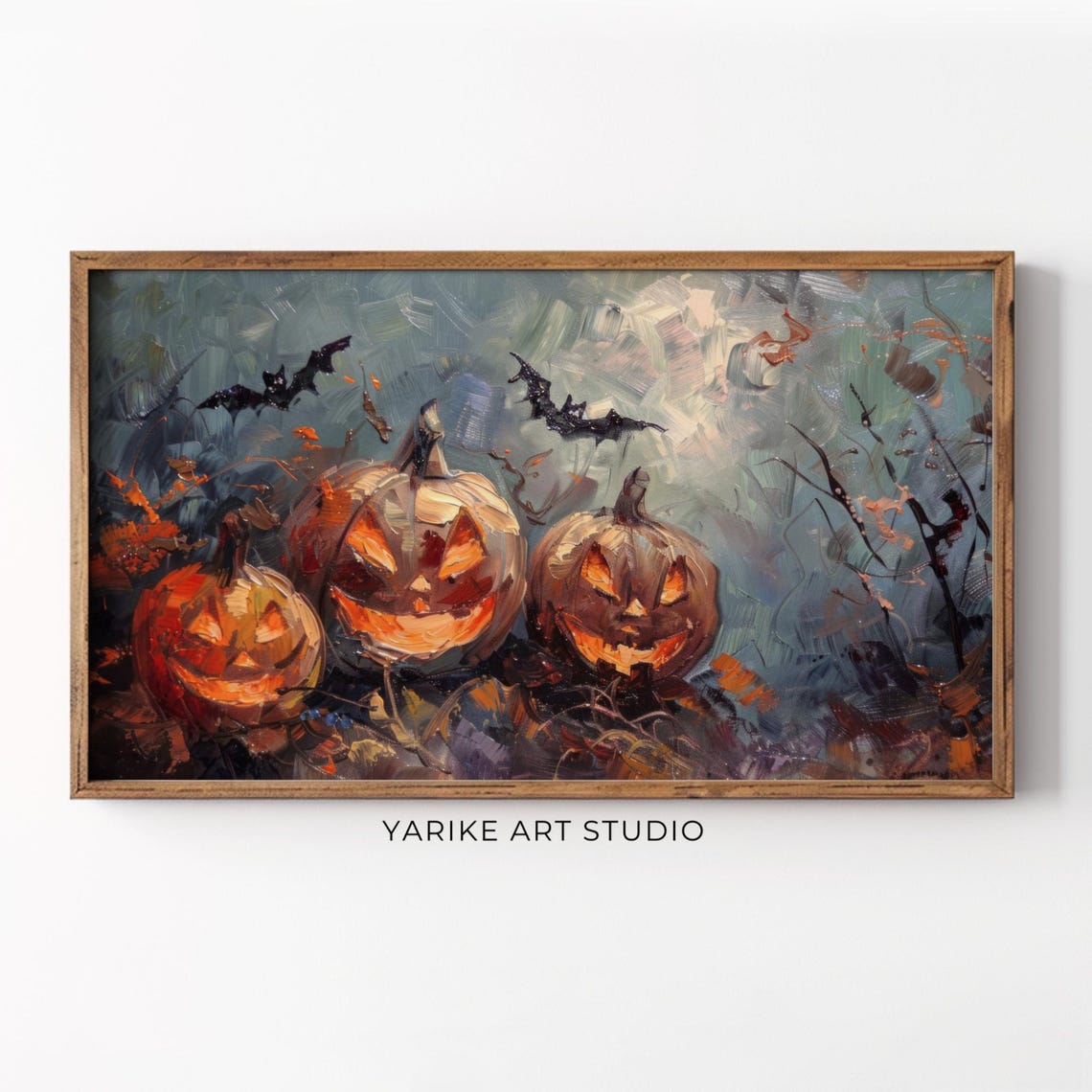 Glowing Jack O Lanterns Halloween Night Bats Oil Painting Poster